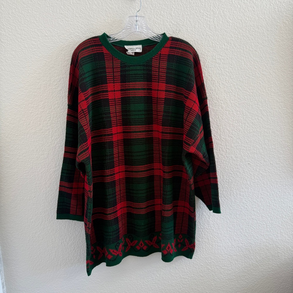 Vintage Victoria Jones Plaid Knit Sweater Red Green Christmas USA Made XL